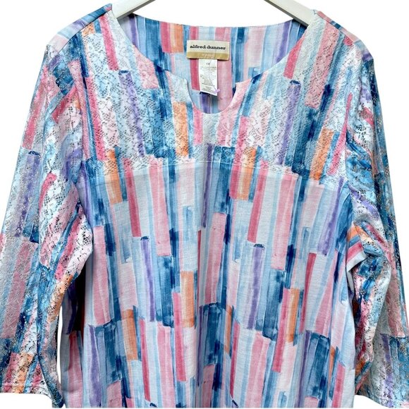 ALFRED DUNNER Top Plus Size 1X Pink Blue Brushstrokes 3/4 Lace Sleeve Tunic - Picture 2 of 7